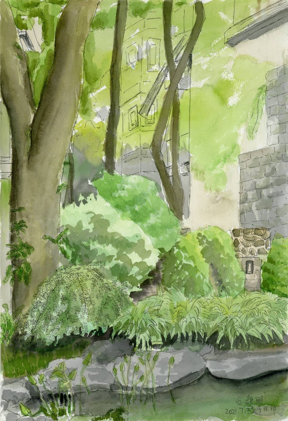 July 23, 2021, Allegroitalia Shanshui Villa, Guilin. Watercolor.