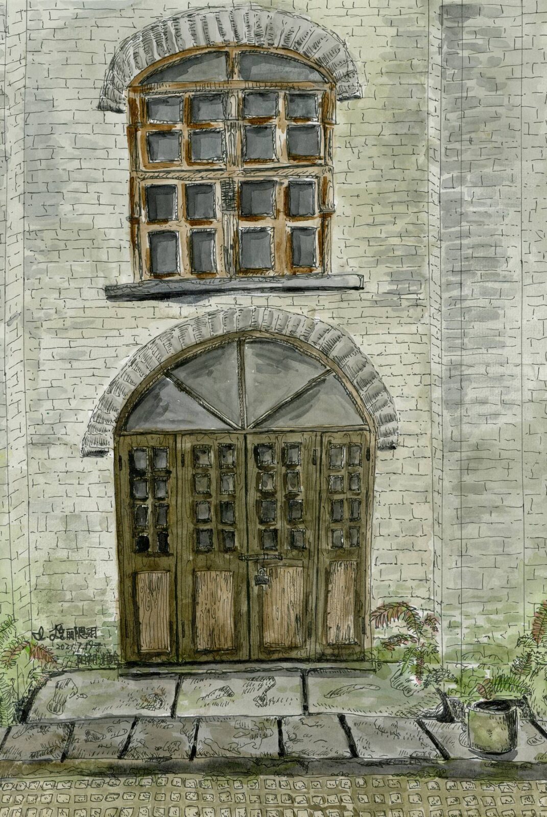 July 19, 2021, at the Sugar House, Yangshuo. Watercolor and pen.