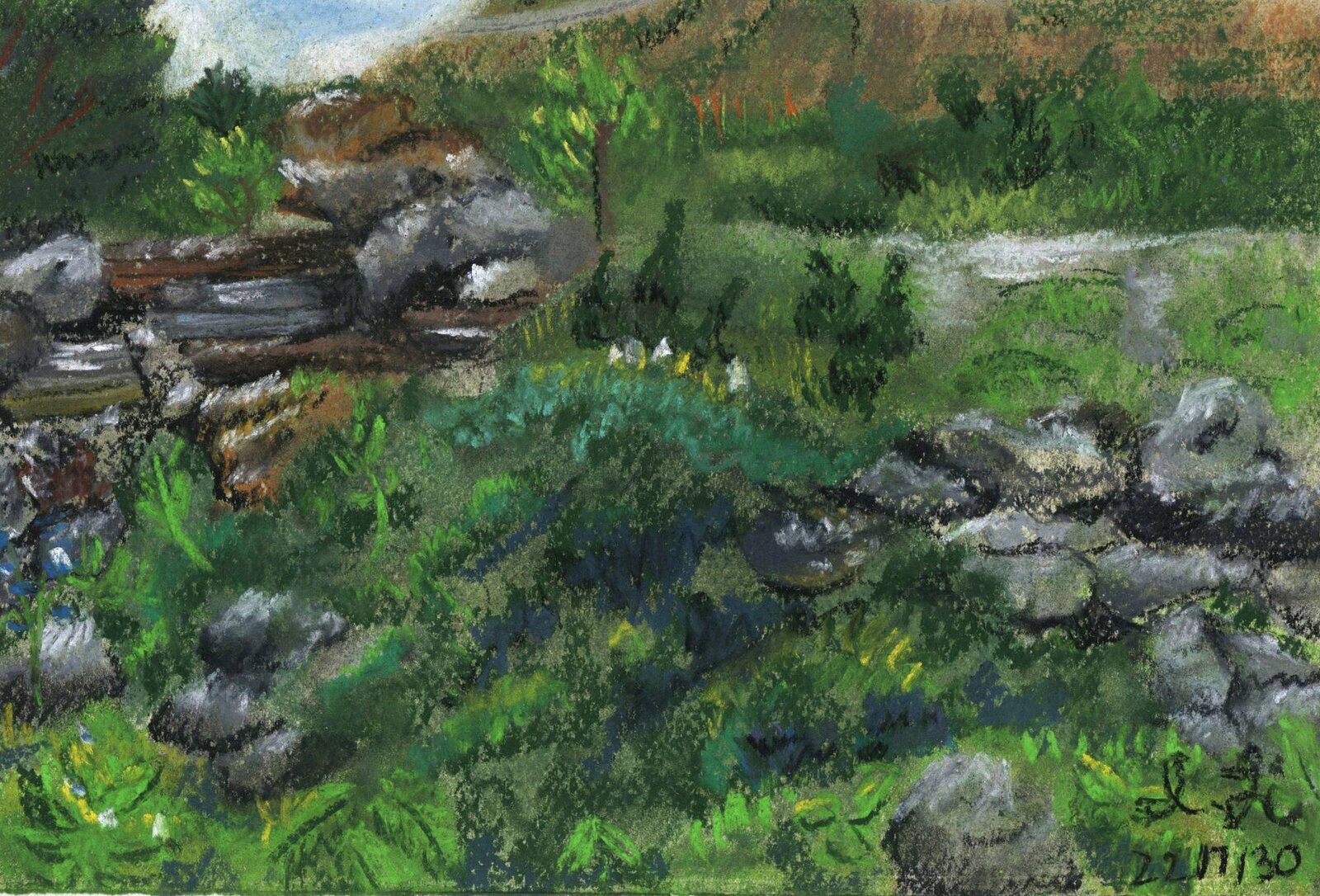 July 30, 2022, river terrace, Tiger Leaping Gorge. Pastel.
