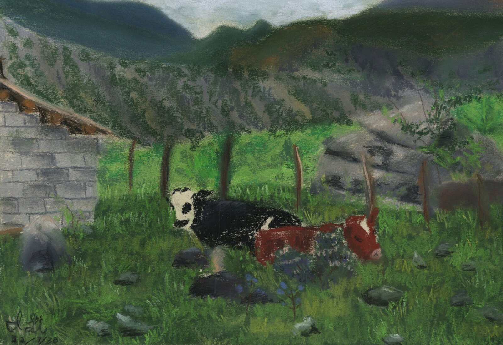July 30, 2022, river terrace, Tiger Leaping Gorge. Pastel.