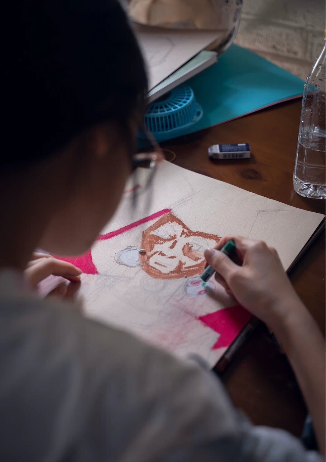 The pastel portrait in progress, July 28, 2022.