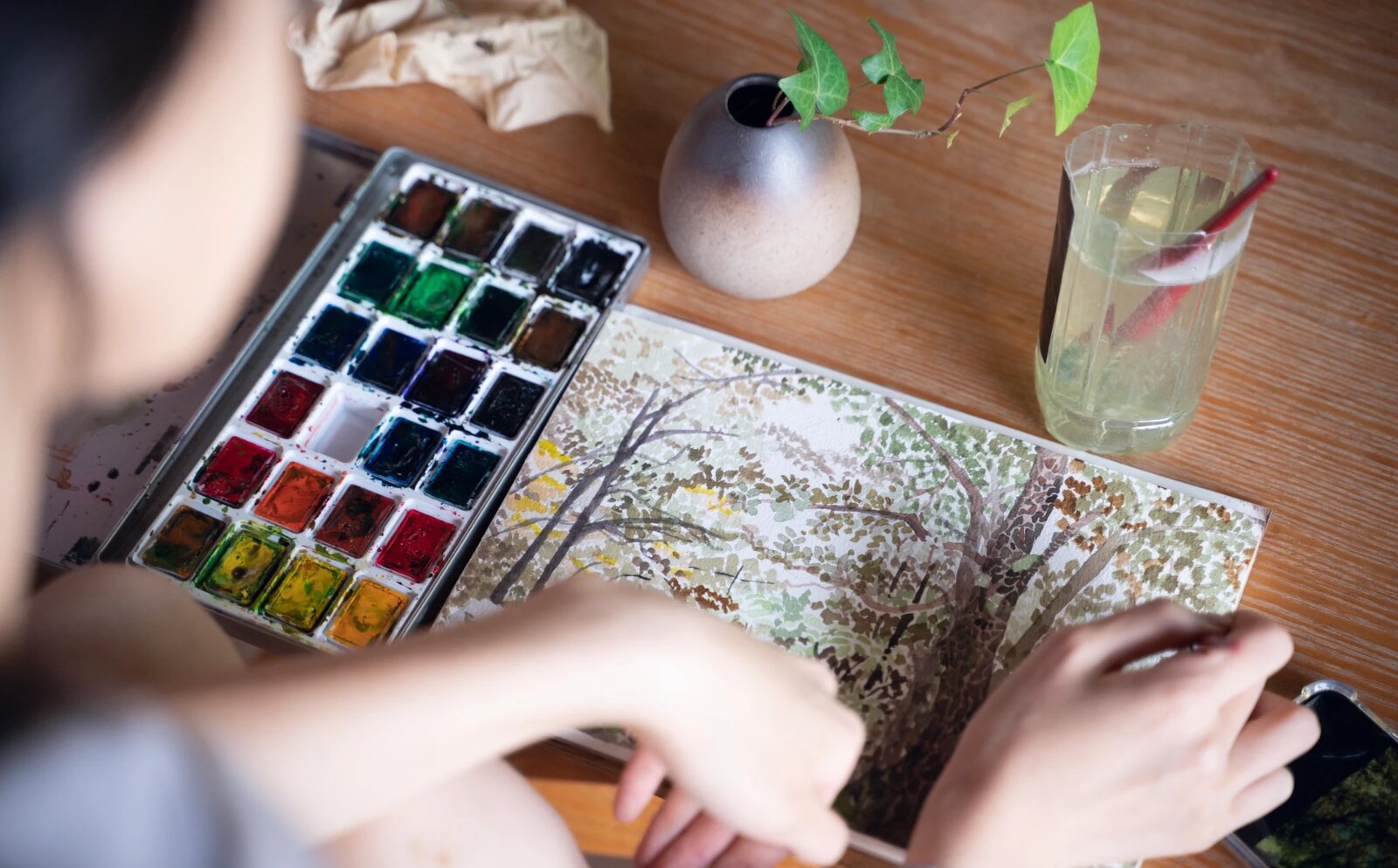 The woods watercolor on the table, July 29, 2022.