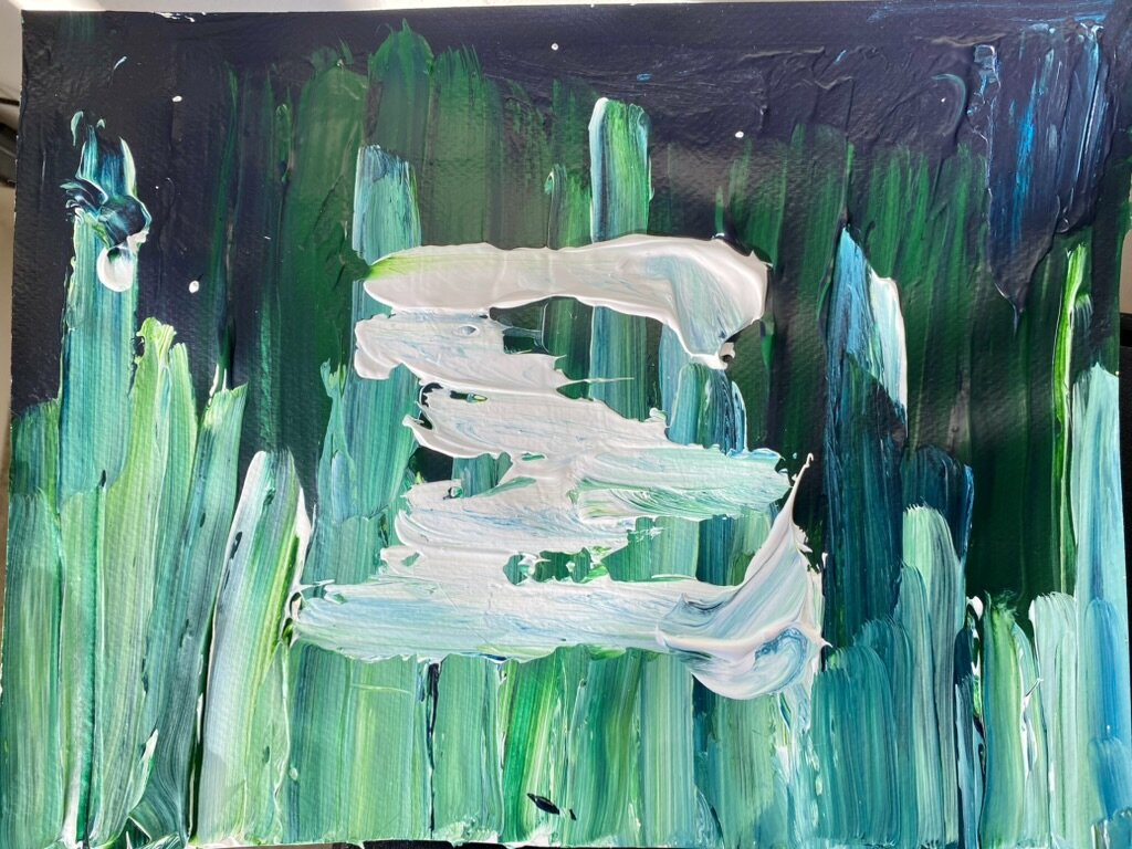 Abstract painting in greens and white.