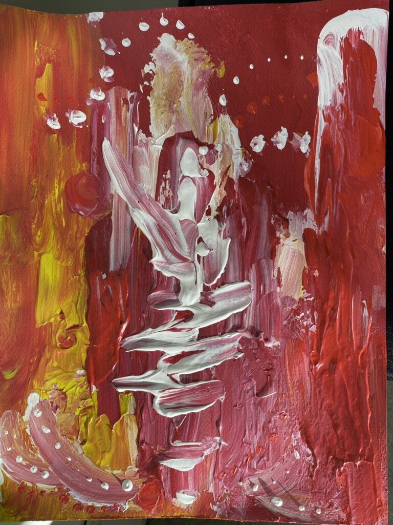 Abstract painting in reds and white.