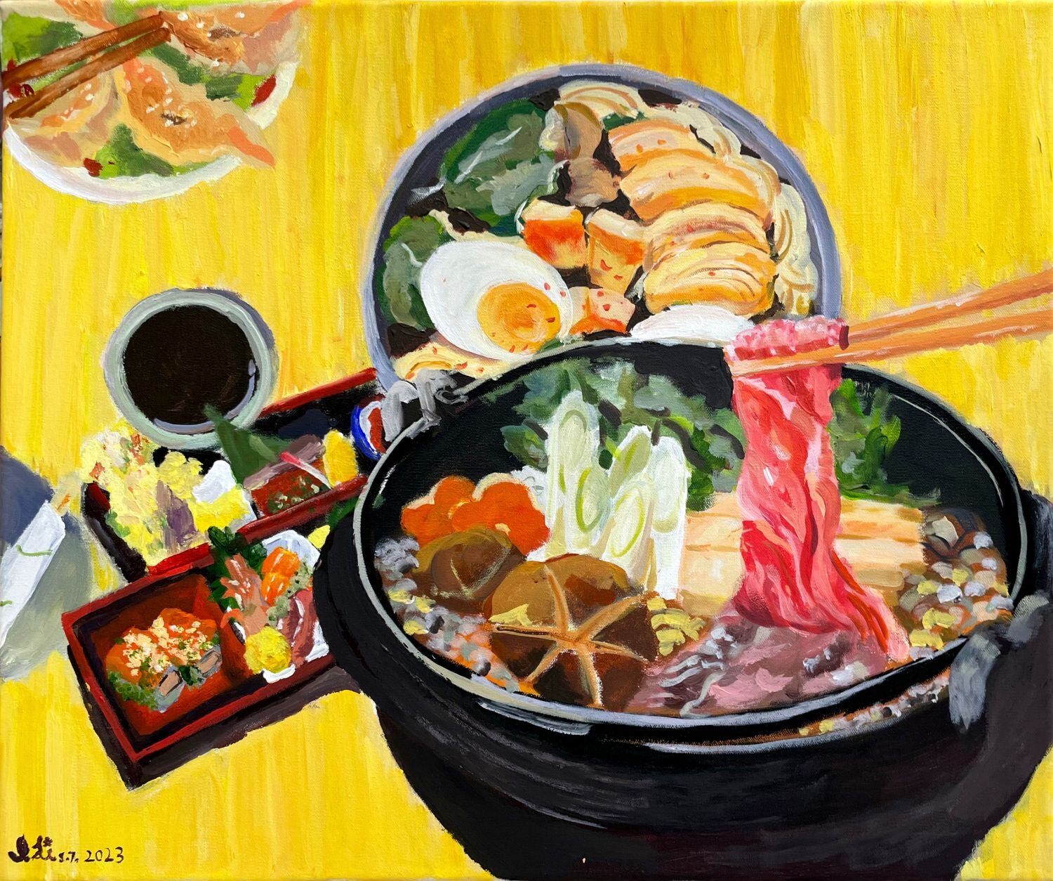 Painting of a sukiyaki dinner.
