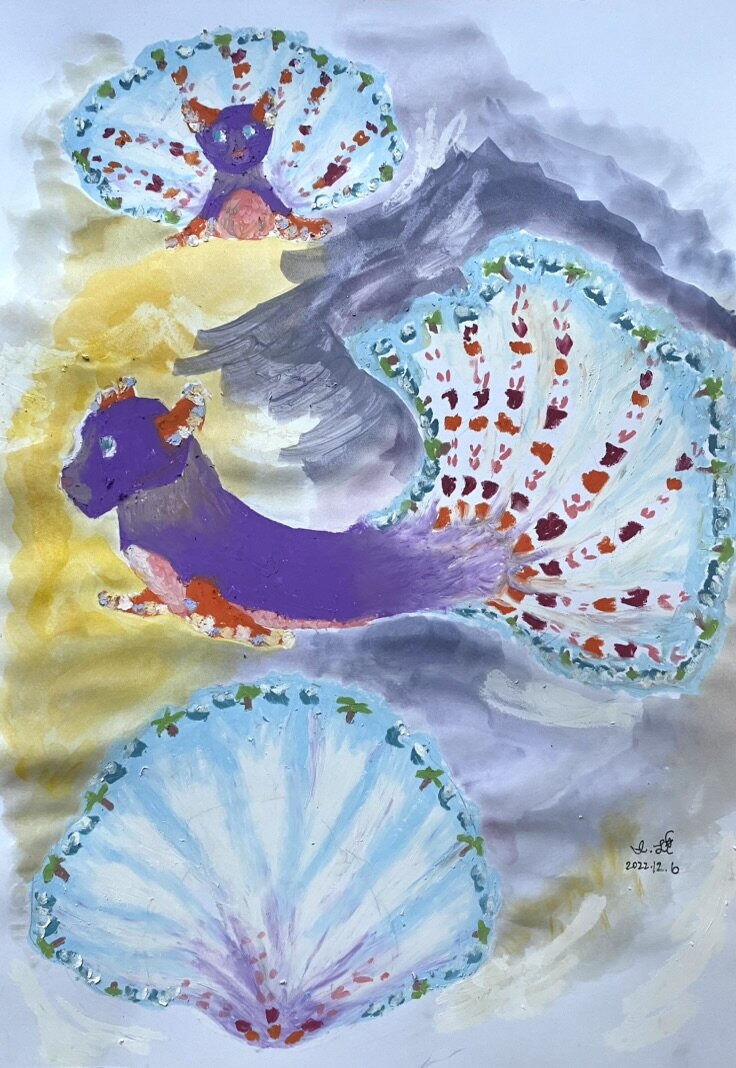 Painting of a purple creature with shell-shaped wings.