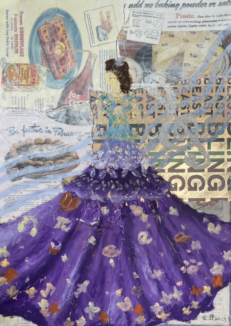 Collage with a painted purple gown.