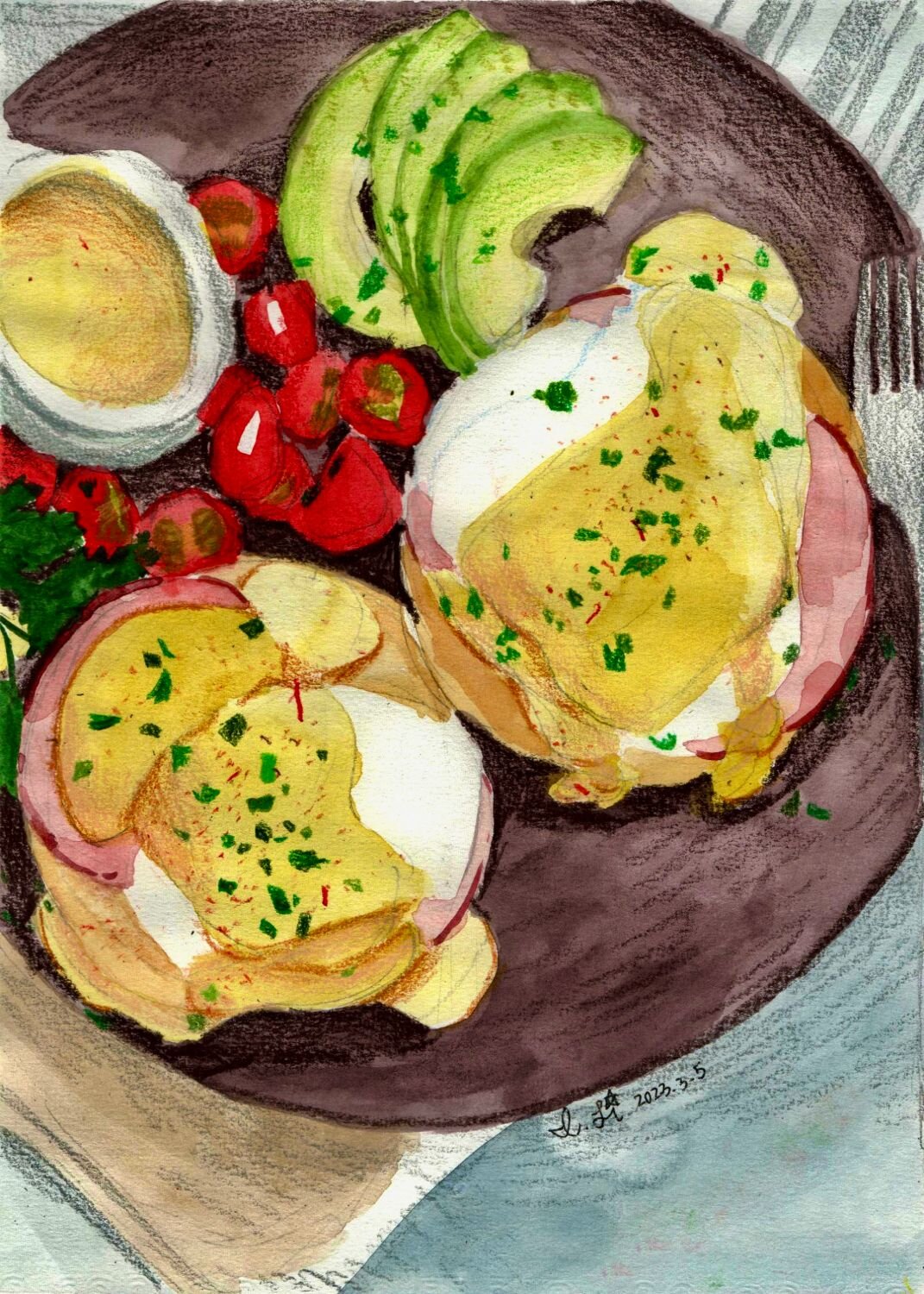 Painting of eggs Benedict.