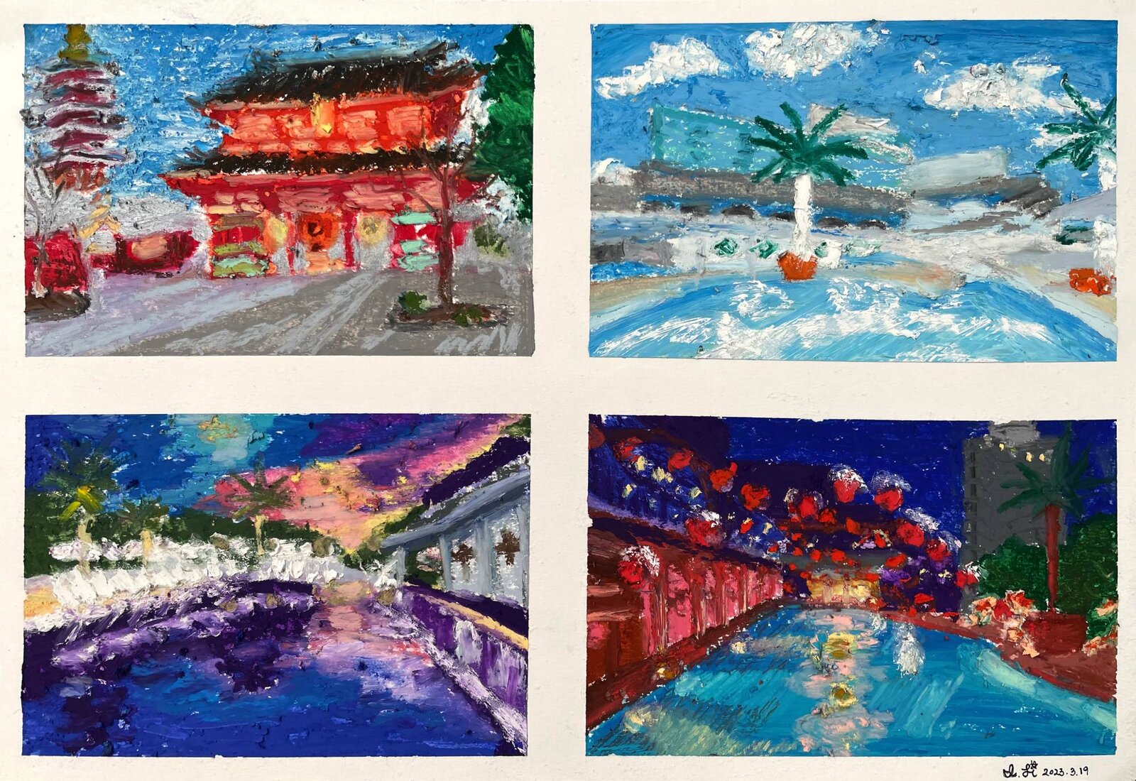 Four oil pastel street scenes.
