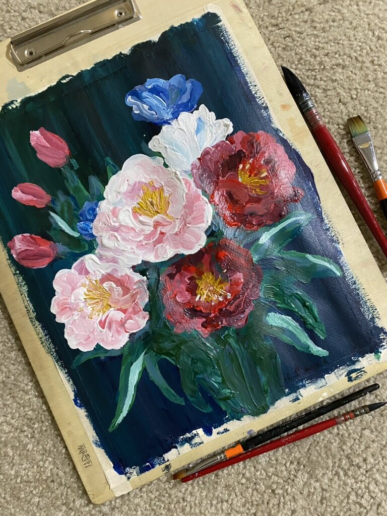 Painting of a bouquet of peonies.