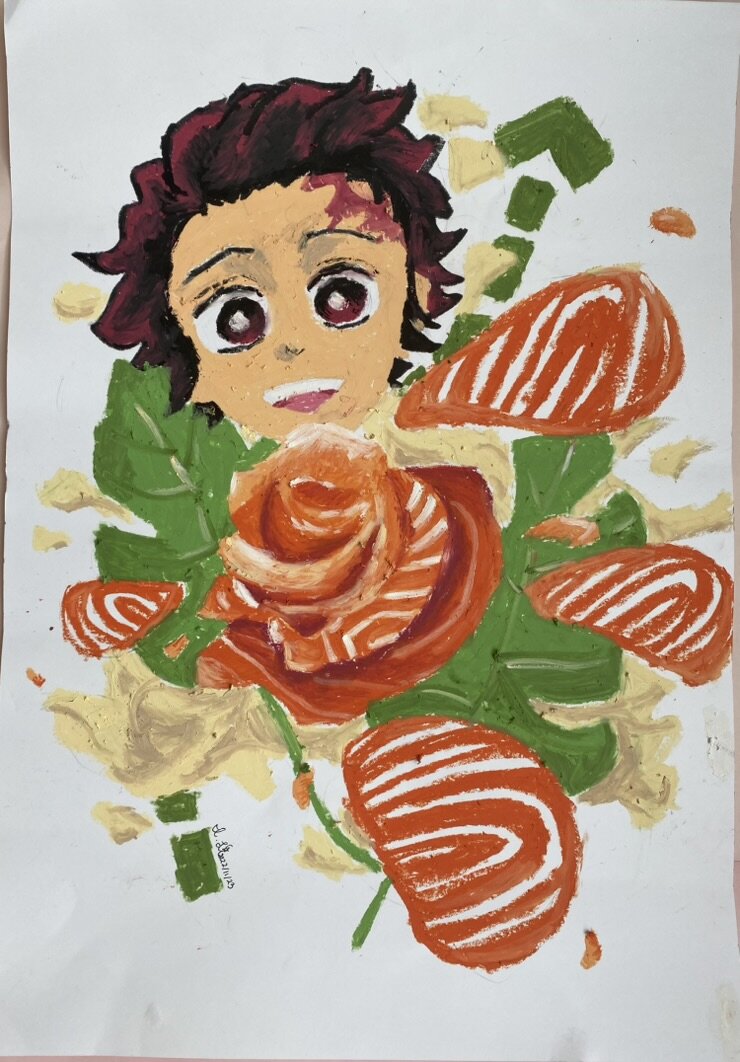 Oil pastel of an anime character with a rose.