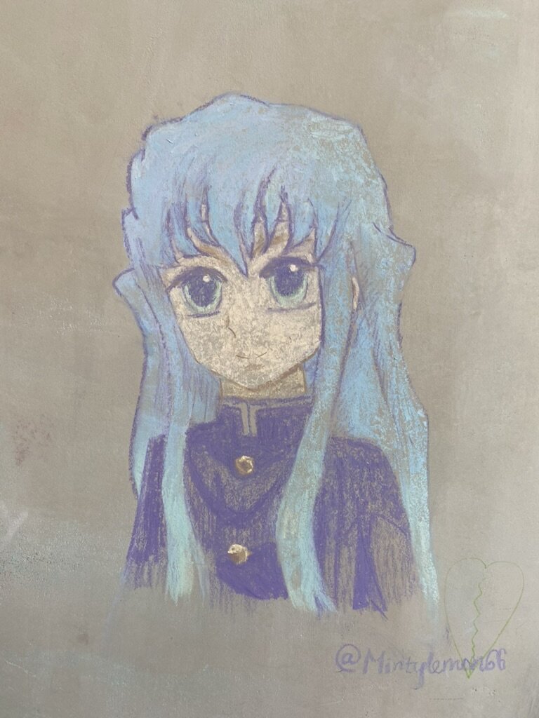 Chalk drawing of an anime character.