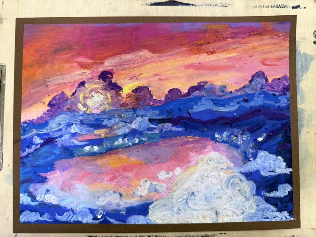 Oil pastel of a sunset over clouds.