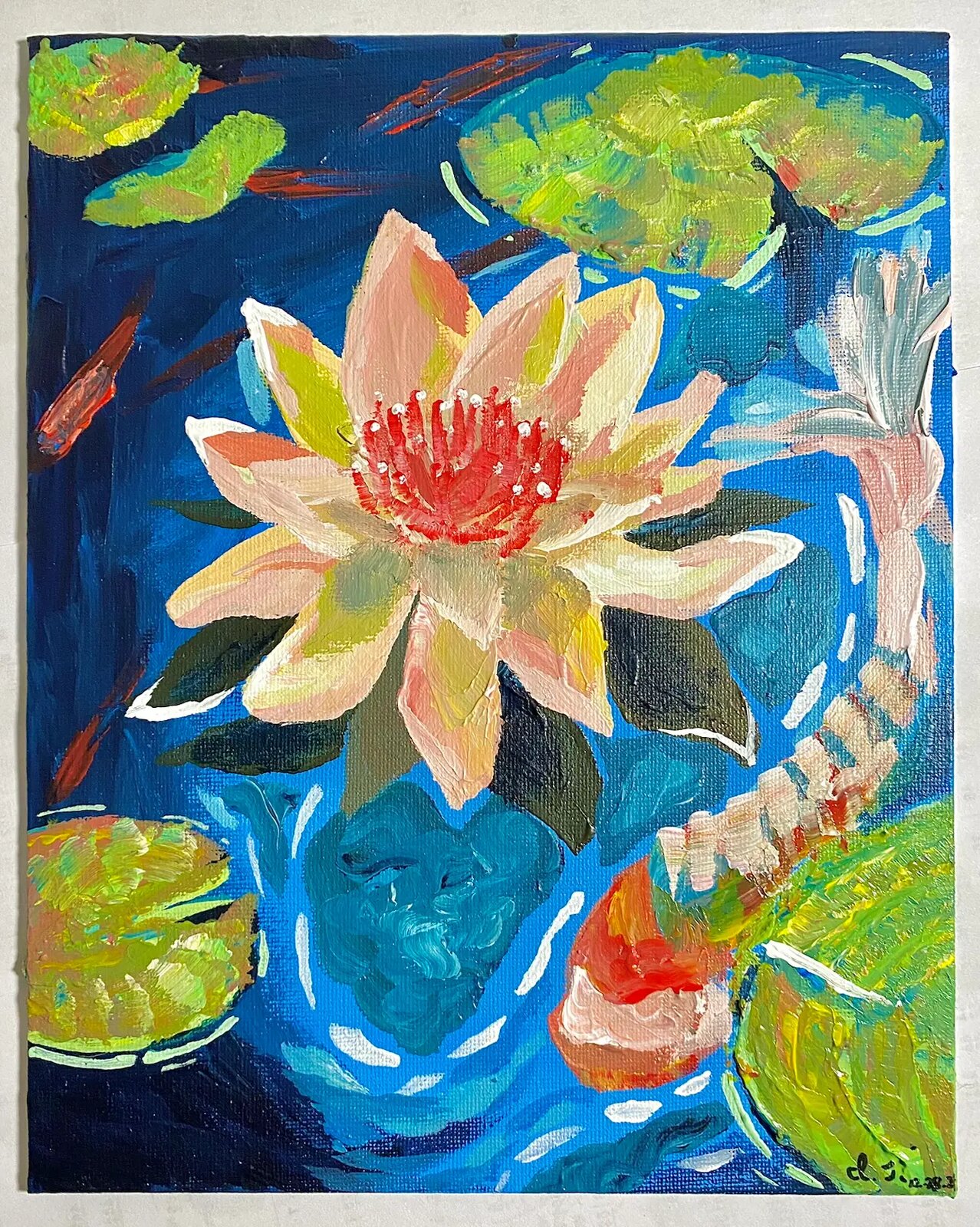 Painting of a water lily and koi.