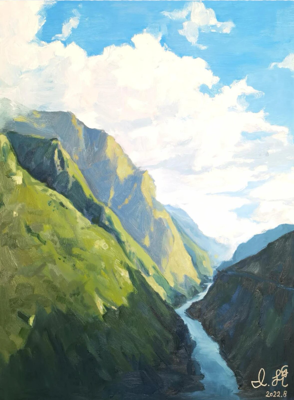 Painting of a river gorge under clouds.