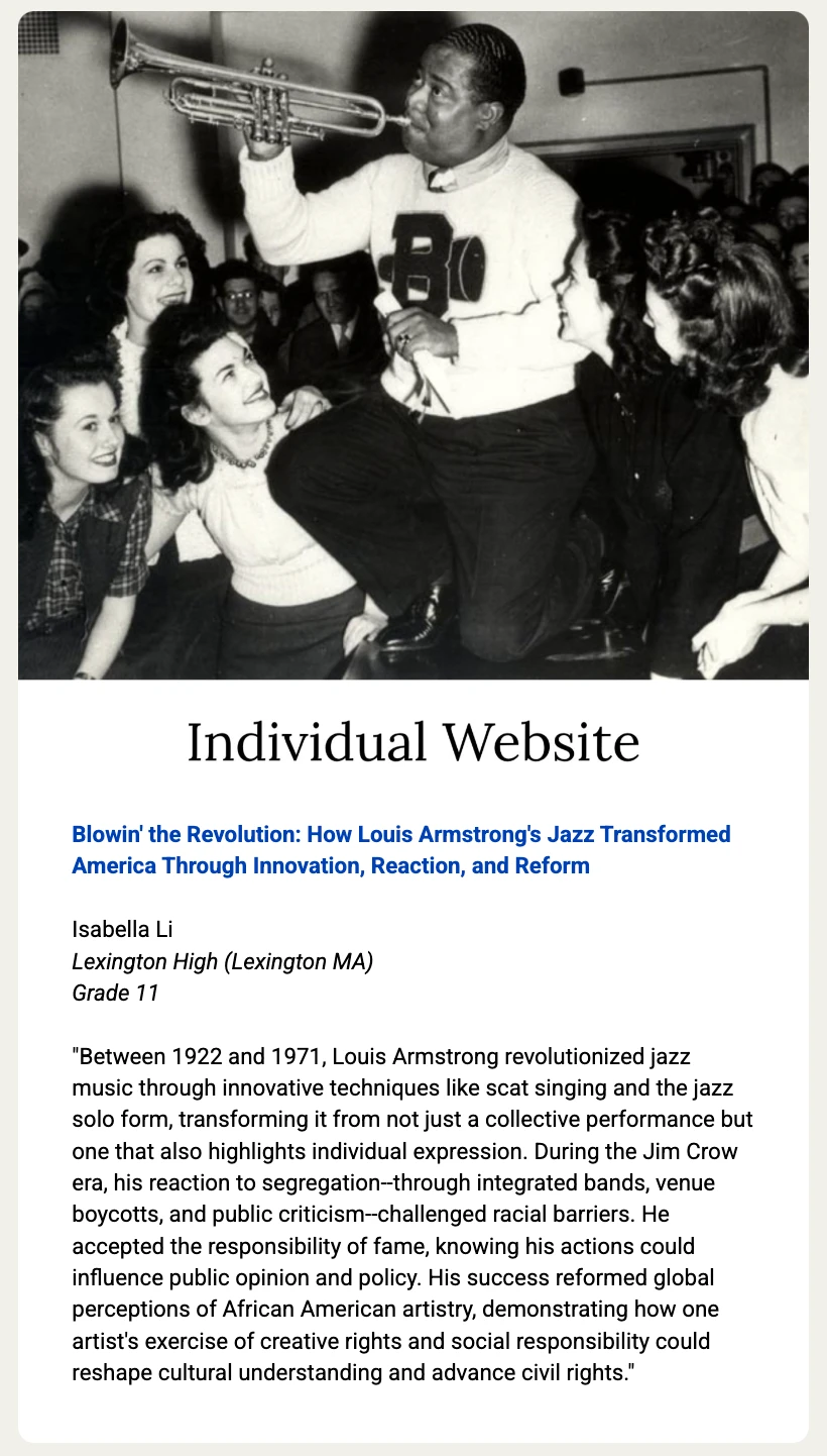 The project as shown on the Massachusetts History Day site: the Louis Armstrong photo, the title, and the thesis paragraph.